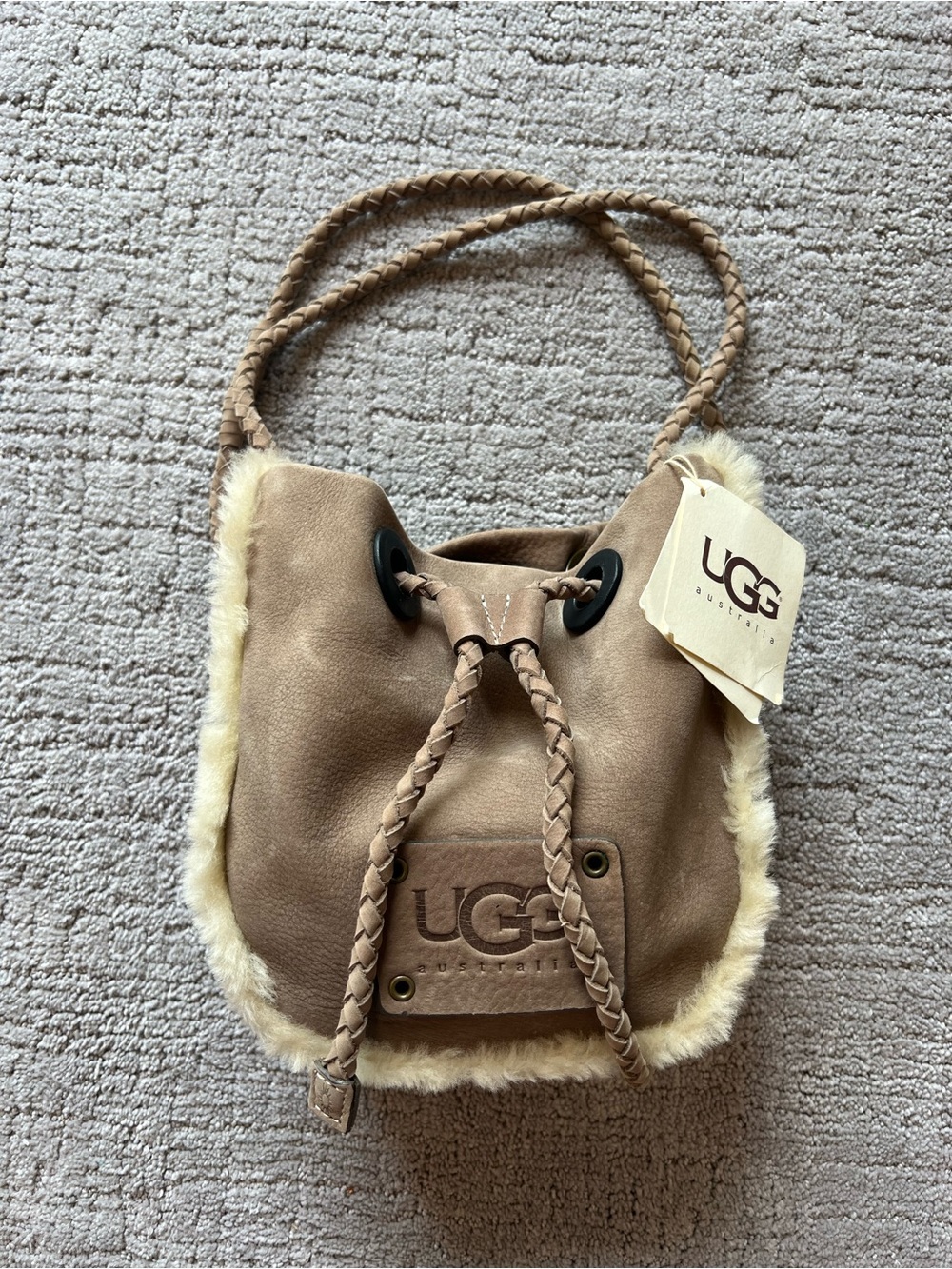 UGG Chestnut Suede Shearling-Trim Braided Bucket Bag, La Jolla Pouch